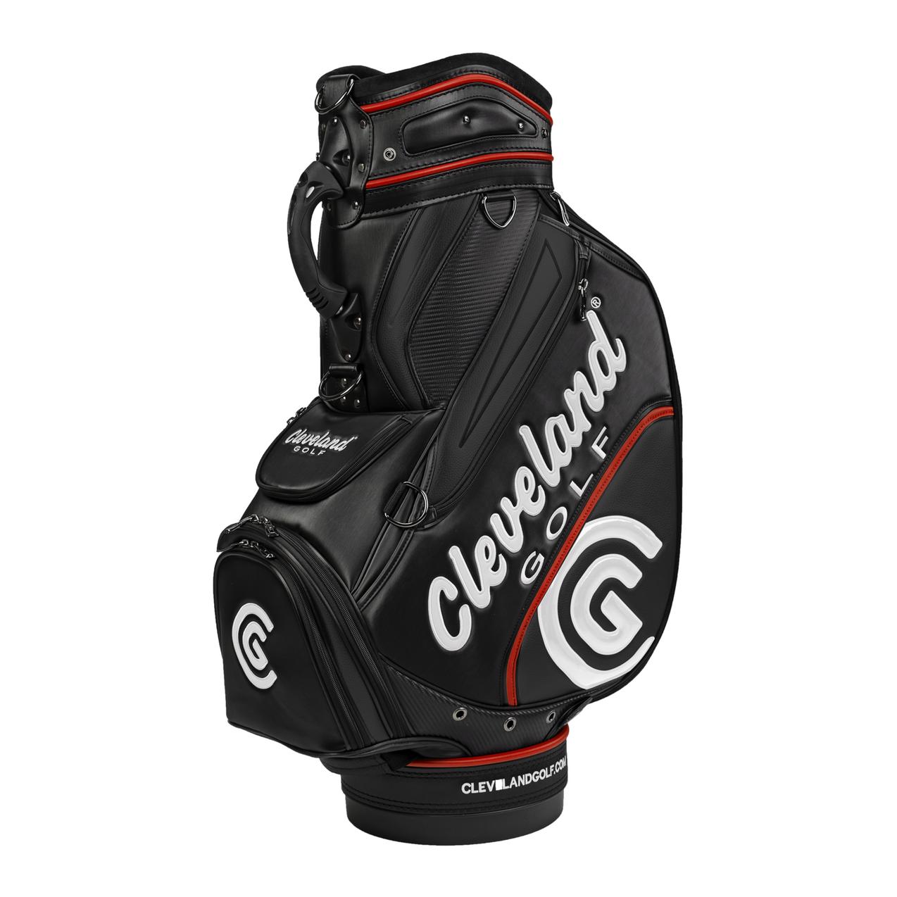 Black golf bag with Cleveland Golf branding on a white background