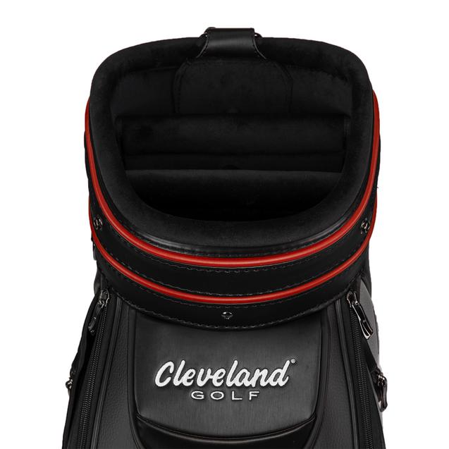 Black golf bag with red trim and Cleveland Golf logo on a white background